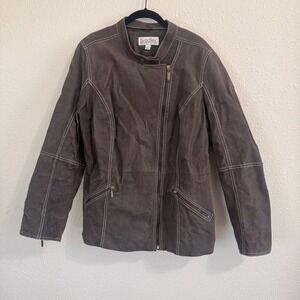 BRADLEY BAYOU Woman's Size 1X Charcoal Gray 100& Genuine Leather Moto Jacket Zip